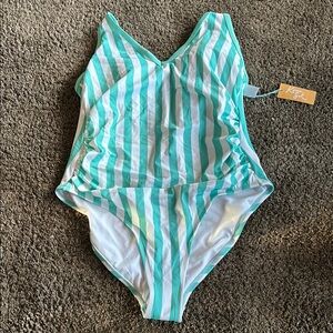 Blue and‎ White Striped One Piece Swimsuit with V-Neck